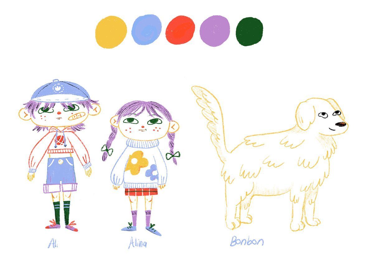 Color palette and character designs for Ali, Alina, and their dog Bonbon