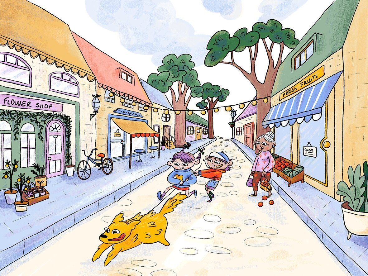 Final illustration of Ali and Alina chasing their dog through a market street
