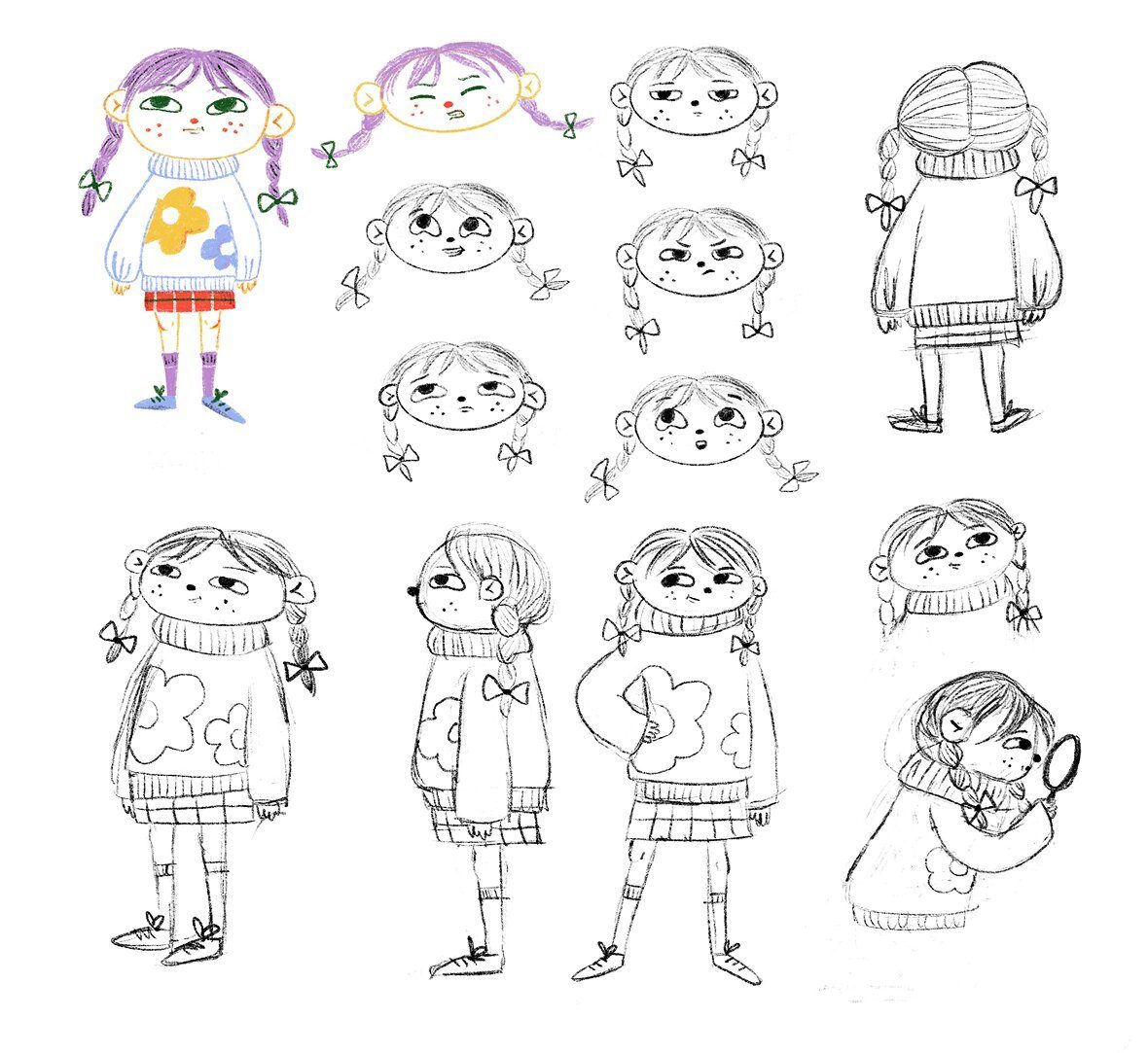 Character sketches exploring expressions and poses for Alina