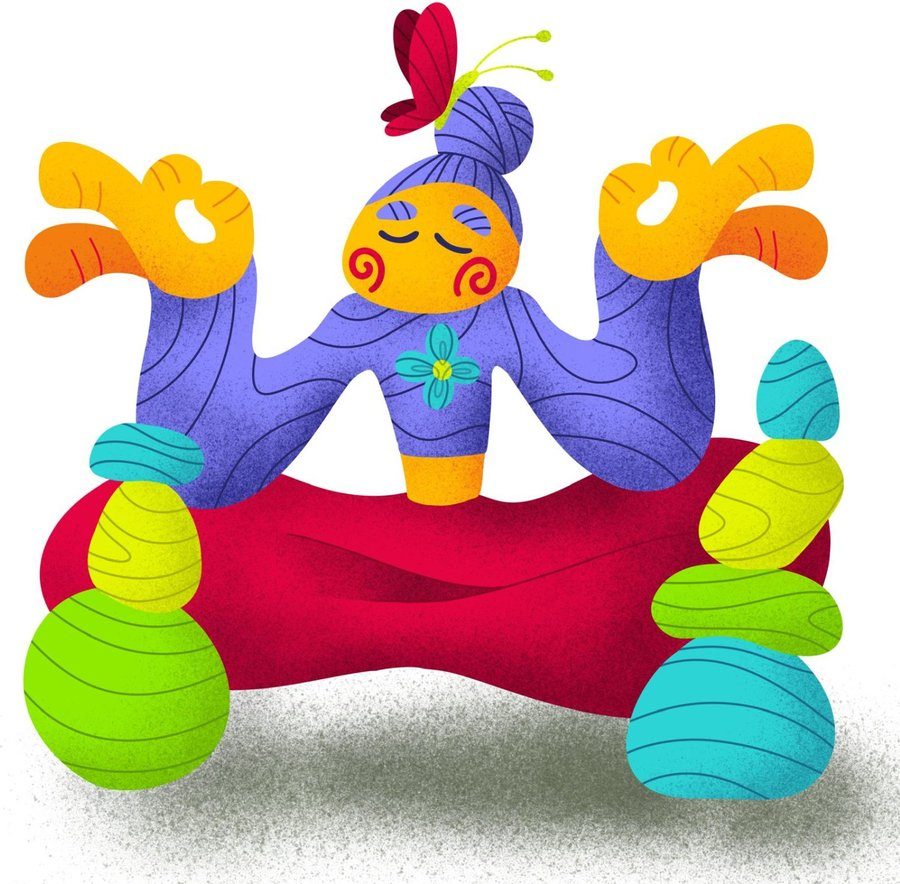 Illustration of a meditating figure balanced on stones, with a butterfly overhead