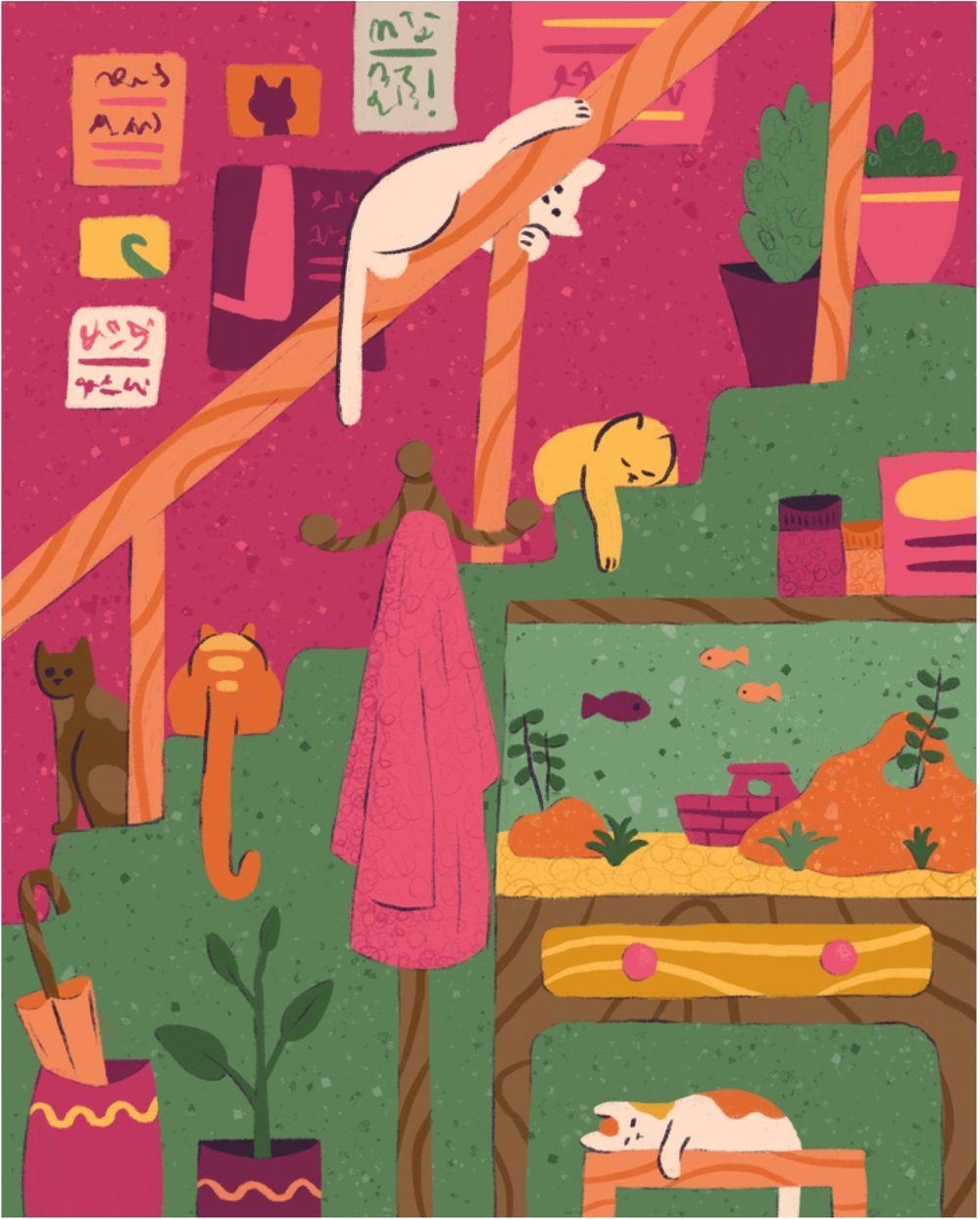 Illustration of cats climbing shelves near a fish tank