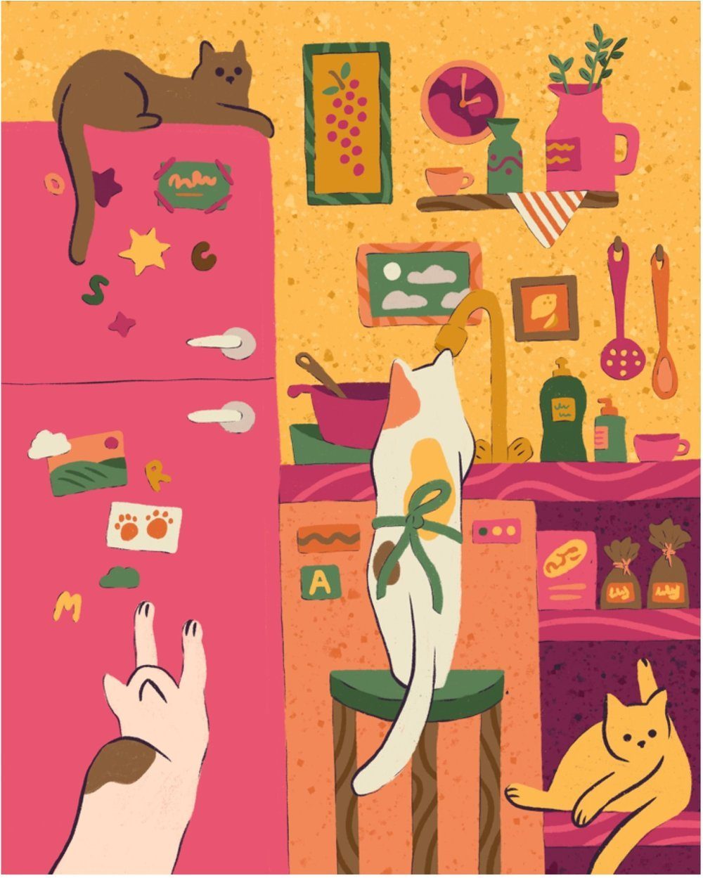 Illustration of cats on a pink refrigerator and kitchen counter