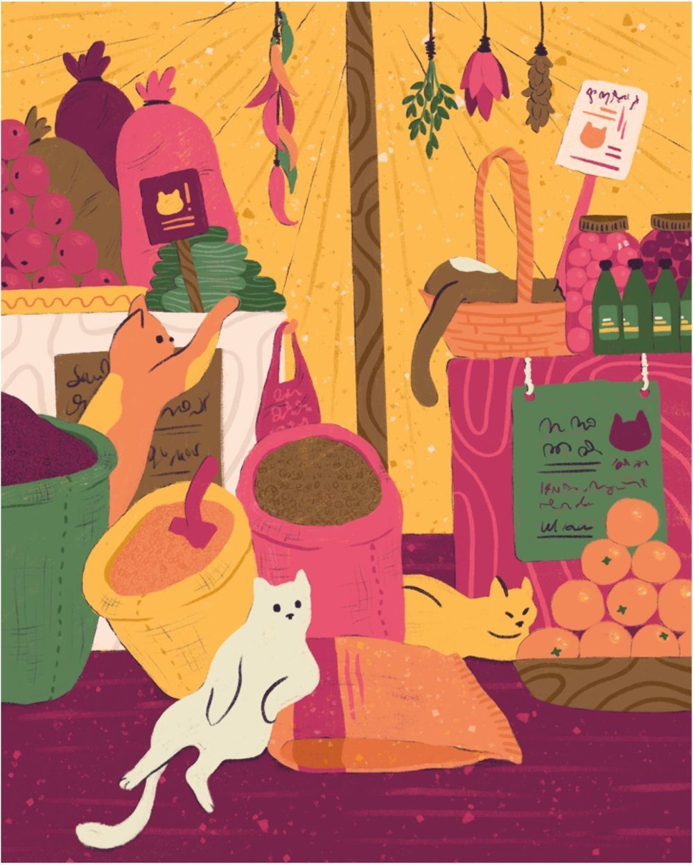 Illustration of cats among market baskets and oranges