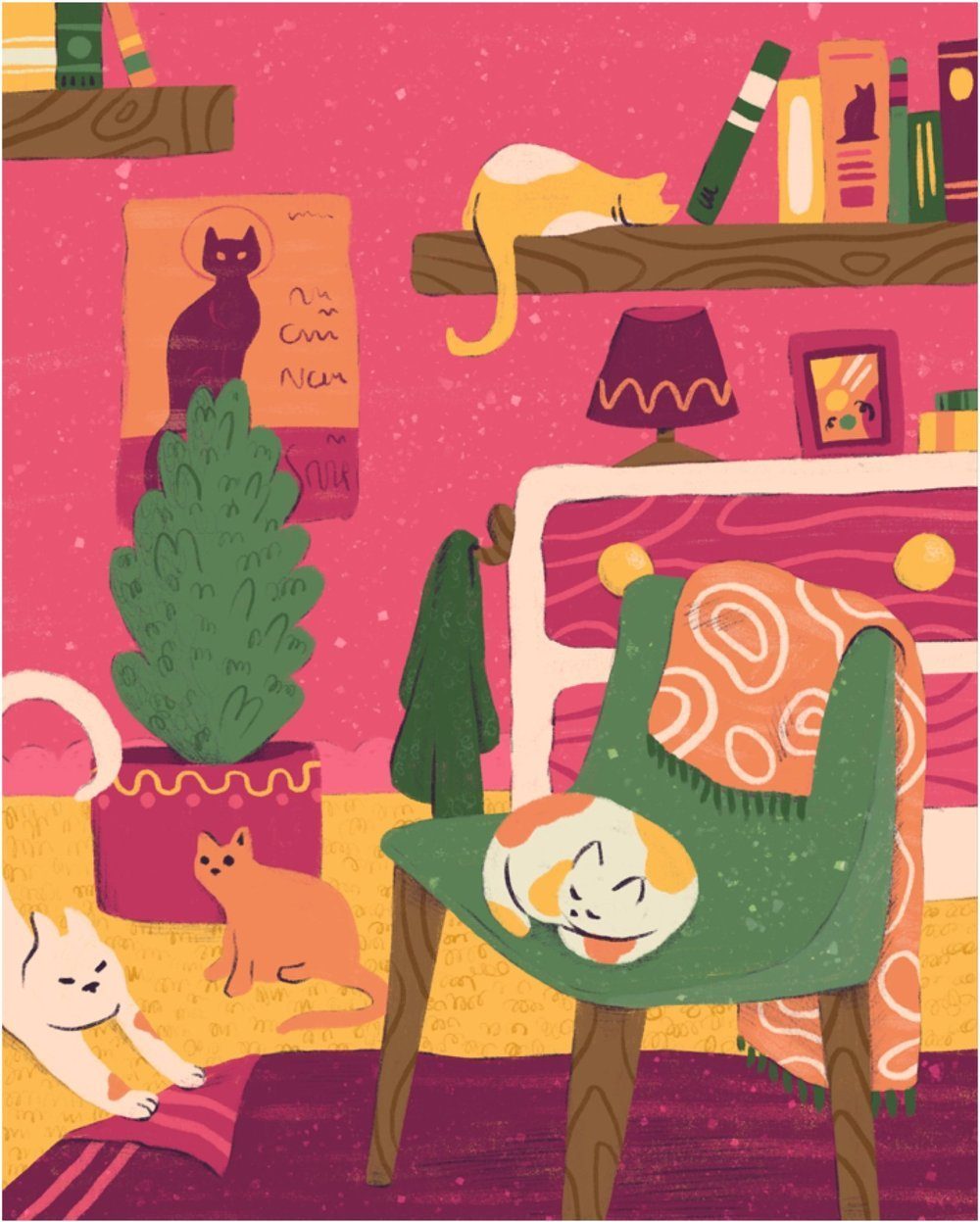 Illustration of cats relaxing on a green armchair