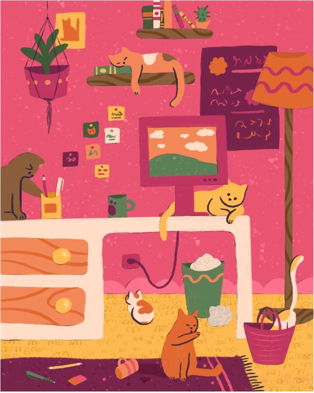 Illustration of cats near a desk and lamp