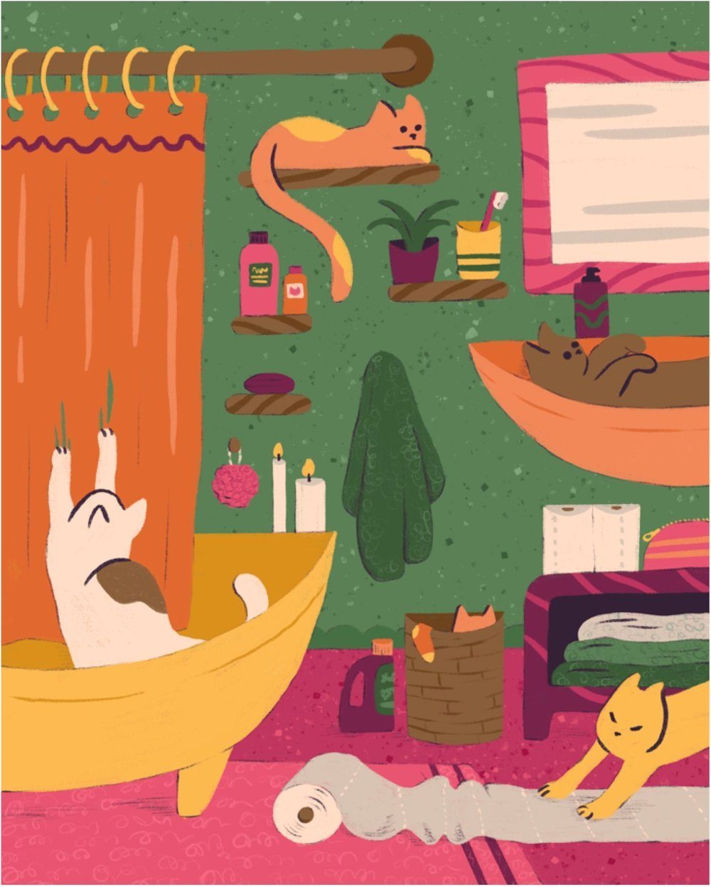 Illustration of cats in a bathroom with a curtain and tub