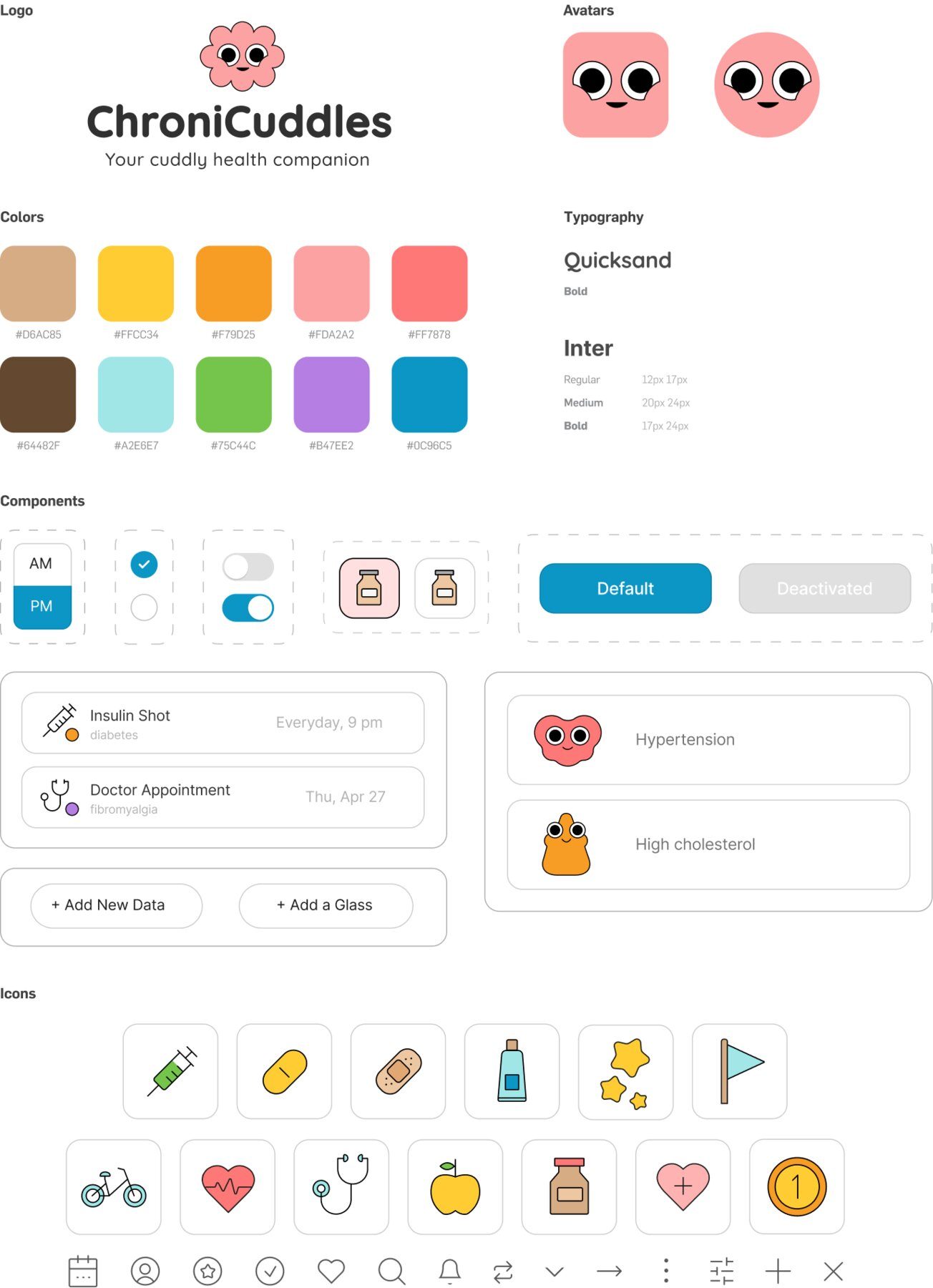 ChroniCuddles design system: logo, avatars, colors, typography, components, and icons