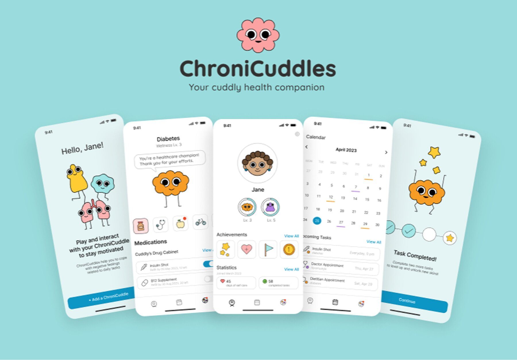 ChroniCuddles app screens on a teal background