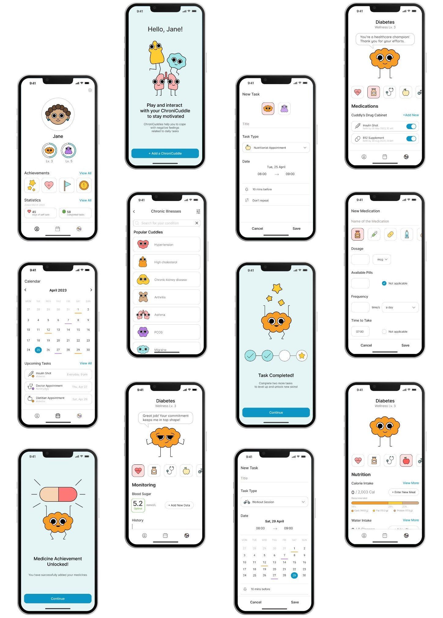 Grid of ChroniCuddles app screens: profile, tasks, chronic illness selection, calendar, achievements, monitoring, and nutrition