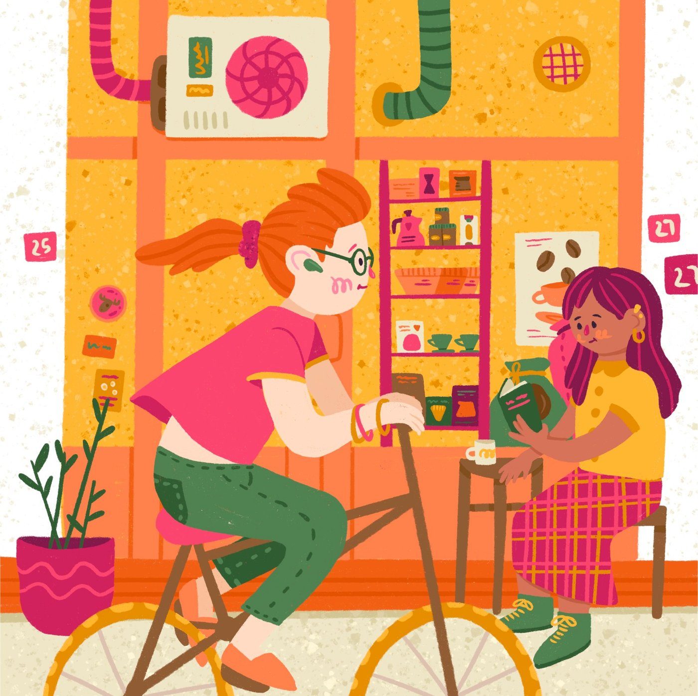 Illustration of two people at an orange bicycle repair shop