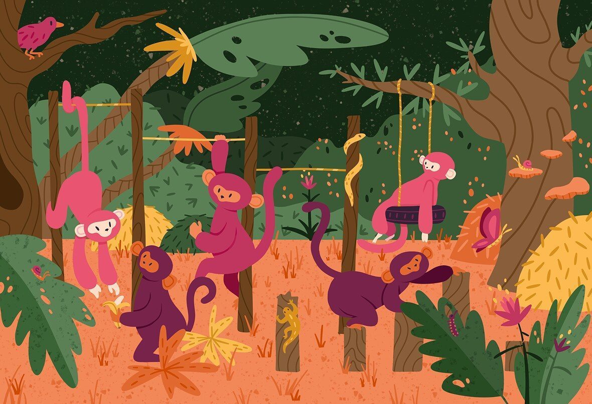 Illustration of pink and purple monkeys playing in a jungle at night