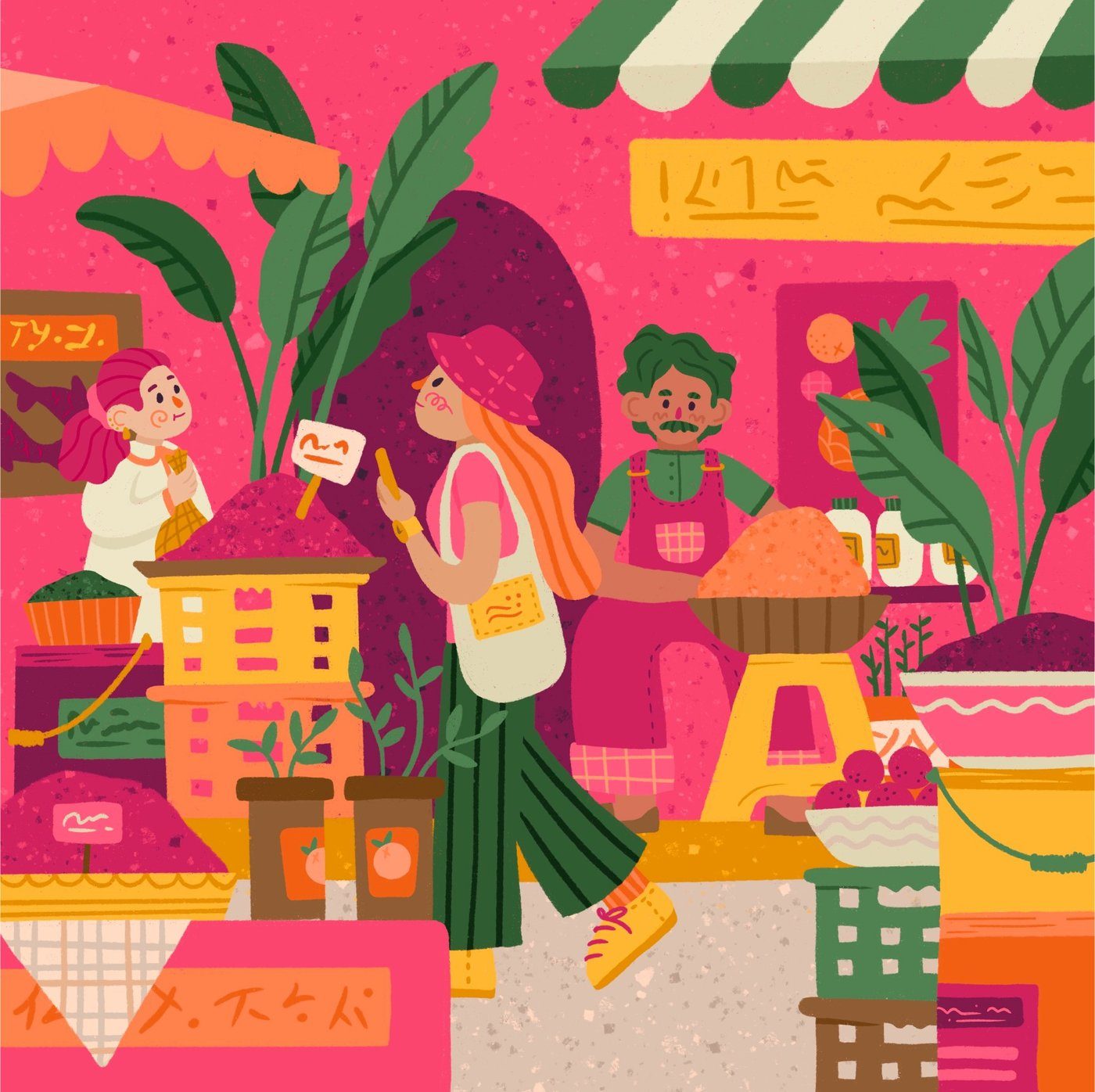 Illustration of a woman shopping at a pink market stall