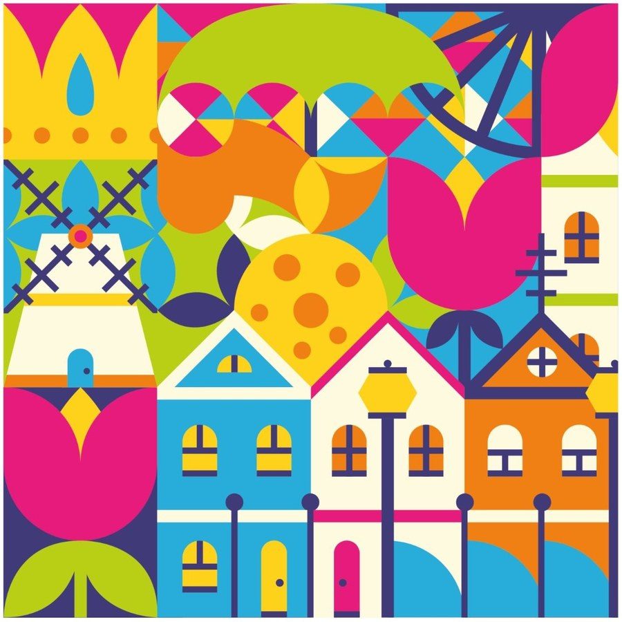 Geometric illustration of Amsterdam canal houses and tulips