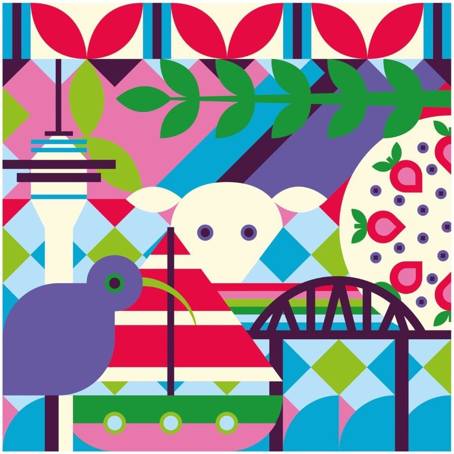 Geometric illustration of Auckland with a kiwi bird and Sky Tower