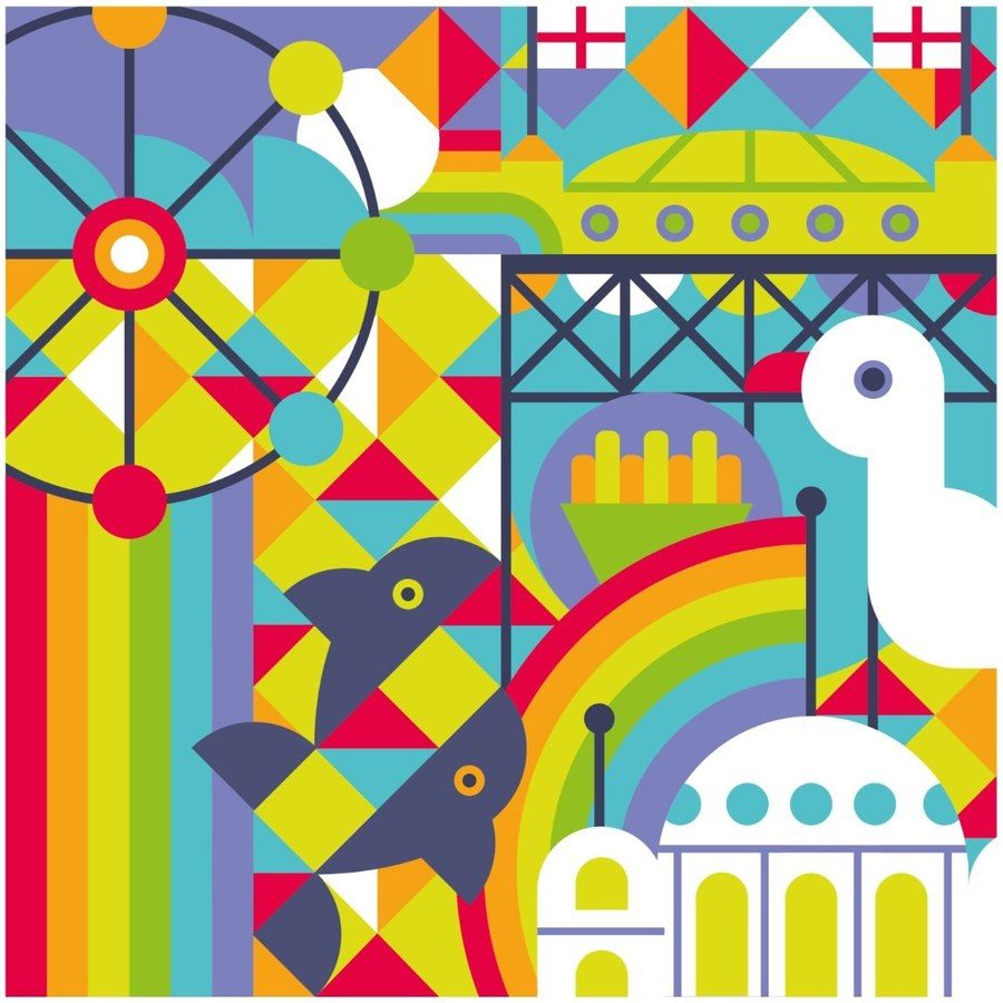 Geometric illustration of Brighton pier and seagull