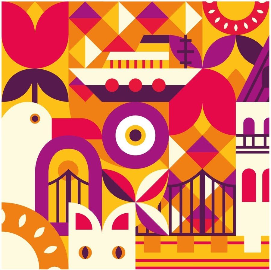 Geometric illustration of Istanbul landmarks in orange and red