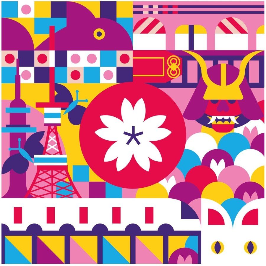 Geometric illustration of Tokyo landmarks in pink, purple, and yellow