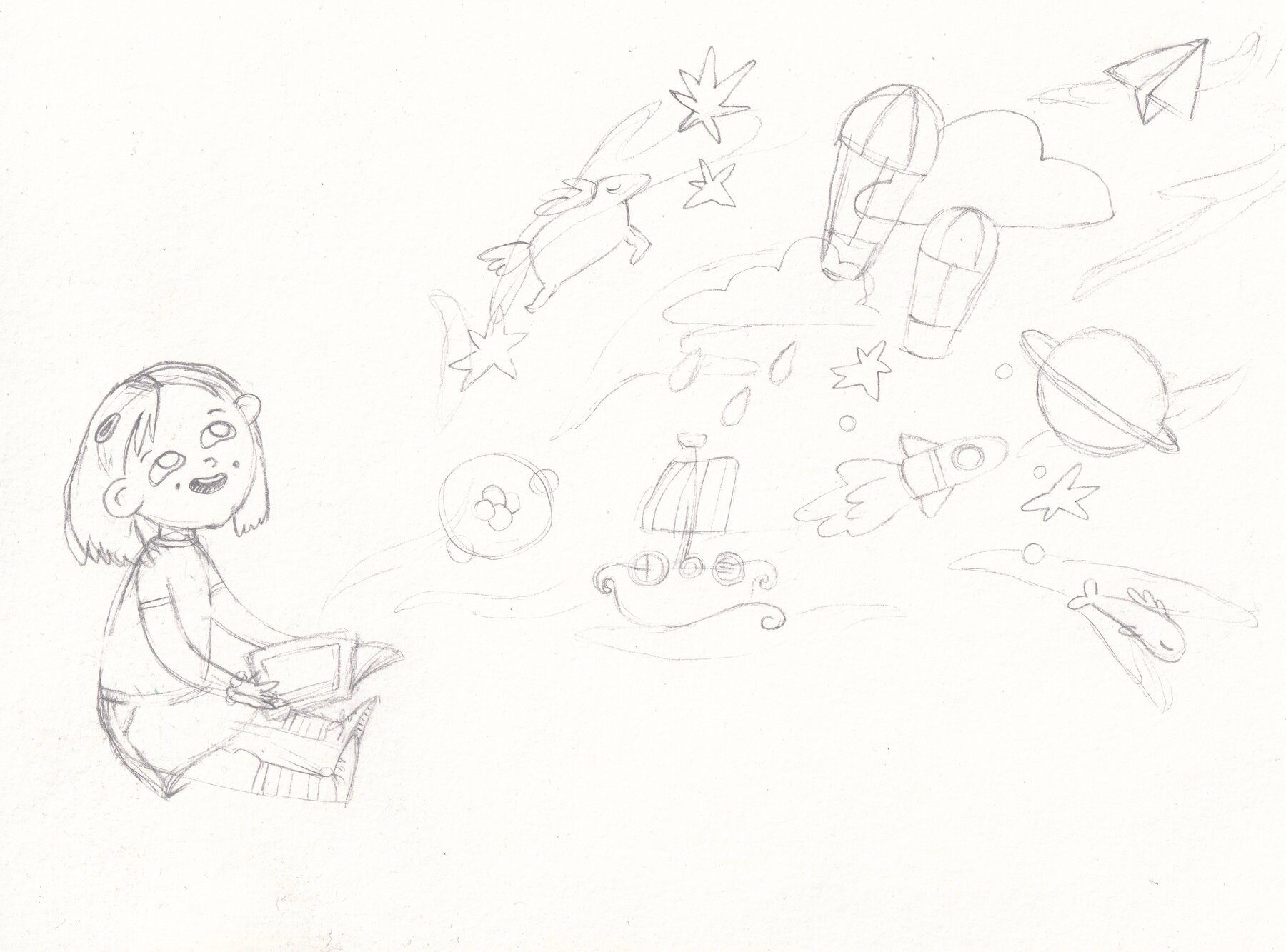 Refined pencil sketch of the girl reading with the imaginative scene taking shape around her
