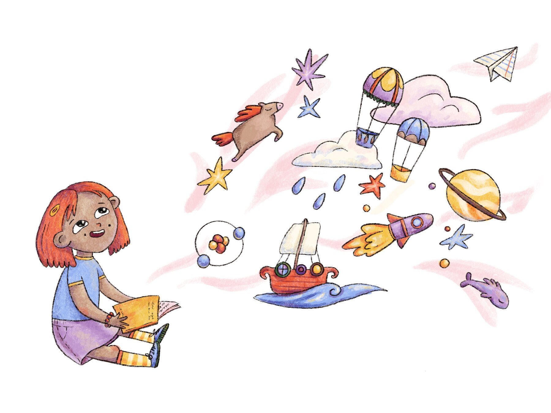 Full colored illustration of the girl reading, surrounded by the imaginative scene of a flying pig, hot air balloons, a ship, a rocket, and a planet