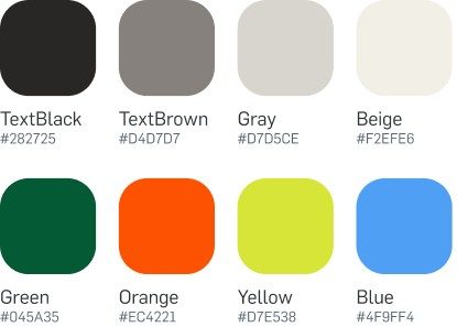 Milano Sport color palette: TextBlack, TextBrown, Gray, Beige, Green, Orange, Yellow, Blue