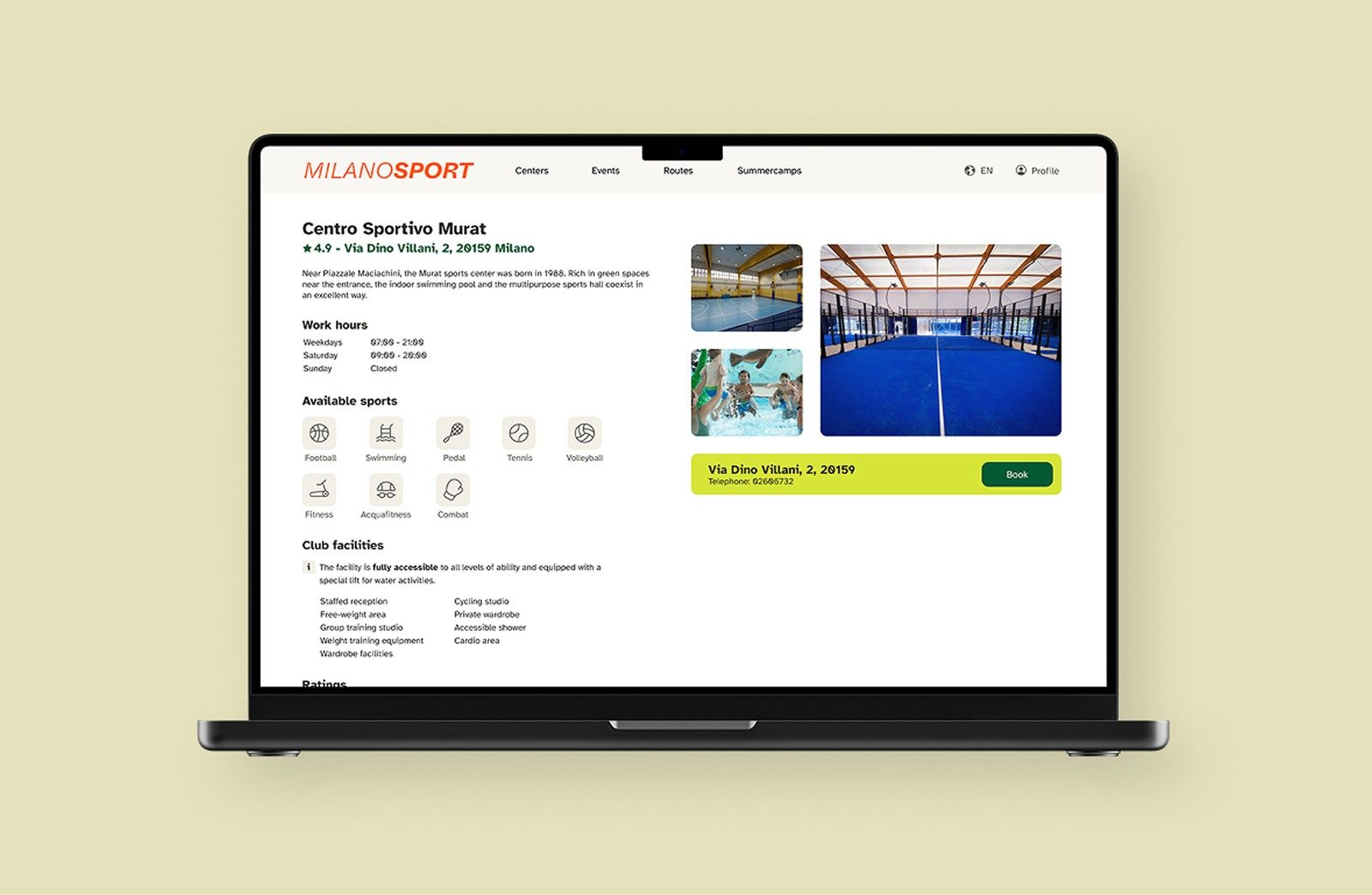 Milano Sport website shown on a laptop mockup