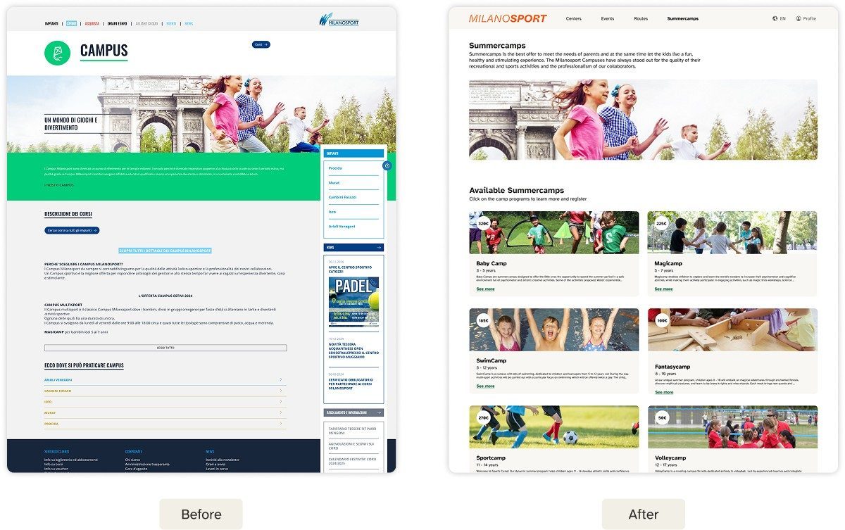 Before and after redesign of the summer camps page
