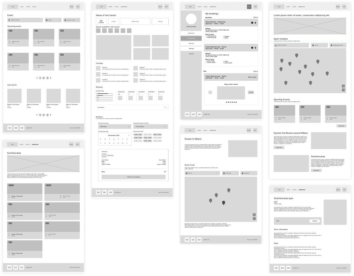 Low-fidelity wireframes for the Milano Sport redesign