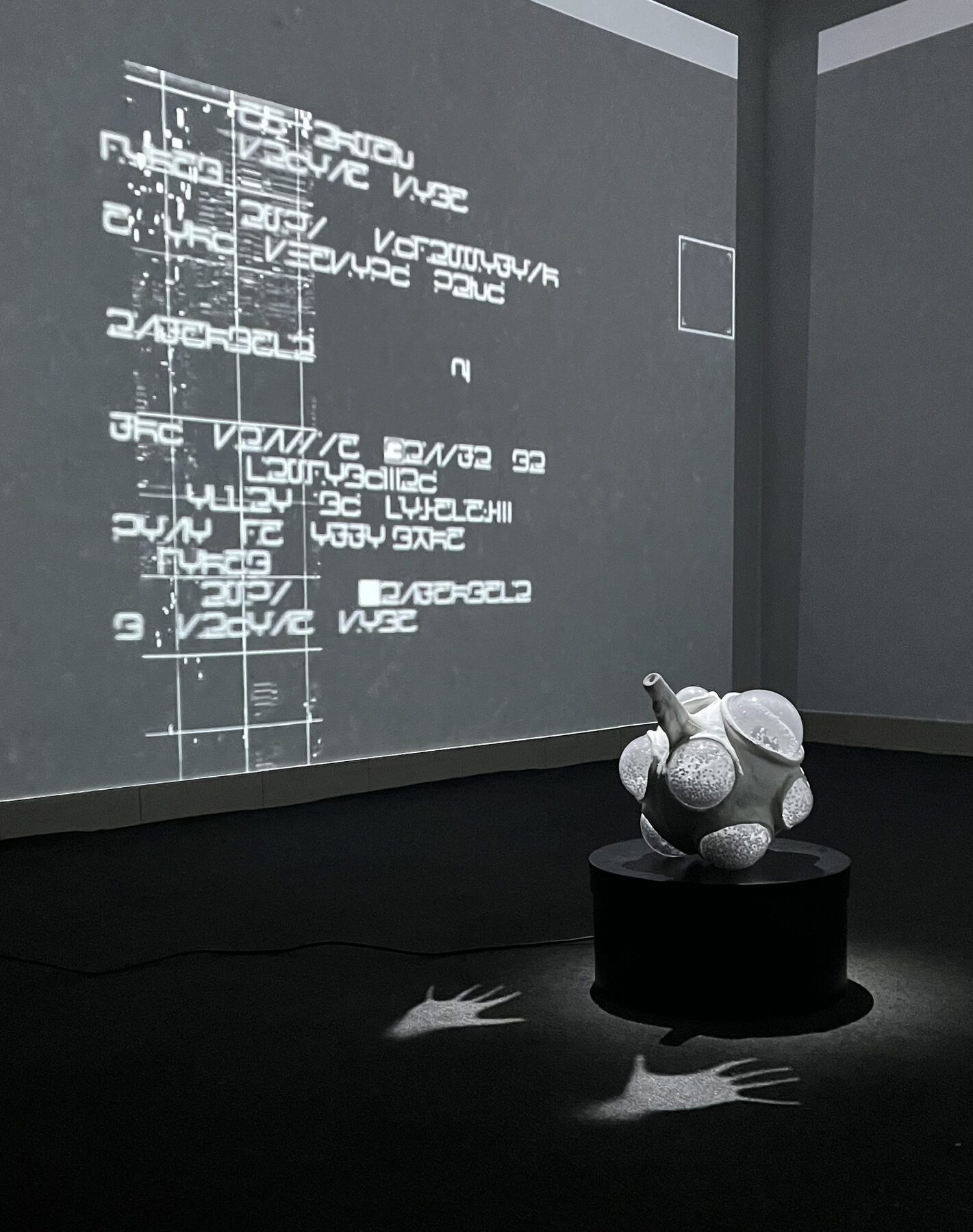 Wide view of the Nexus exhibition room with wall projections