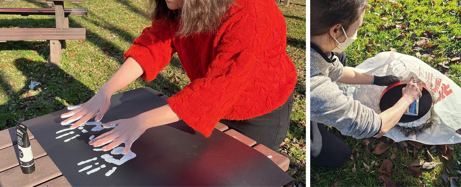 Painting mammal handprints onto the base of the installation