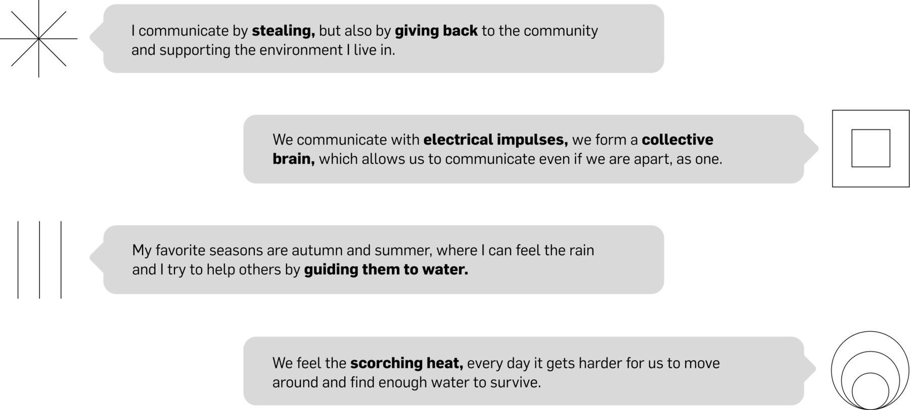 Roleplaying script showing each entity's answers about how they communicate and live