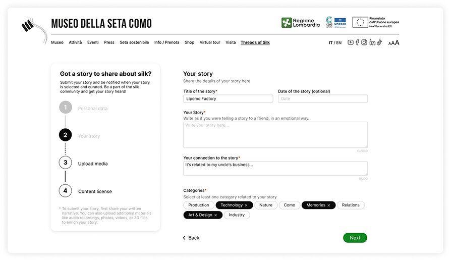 Story submission form on the museum website, with steps for personal data, story, media, and content license