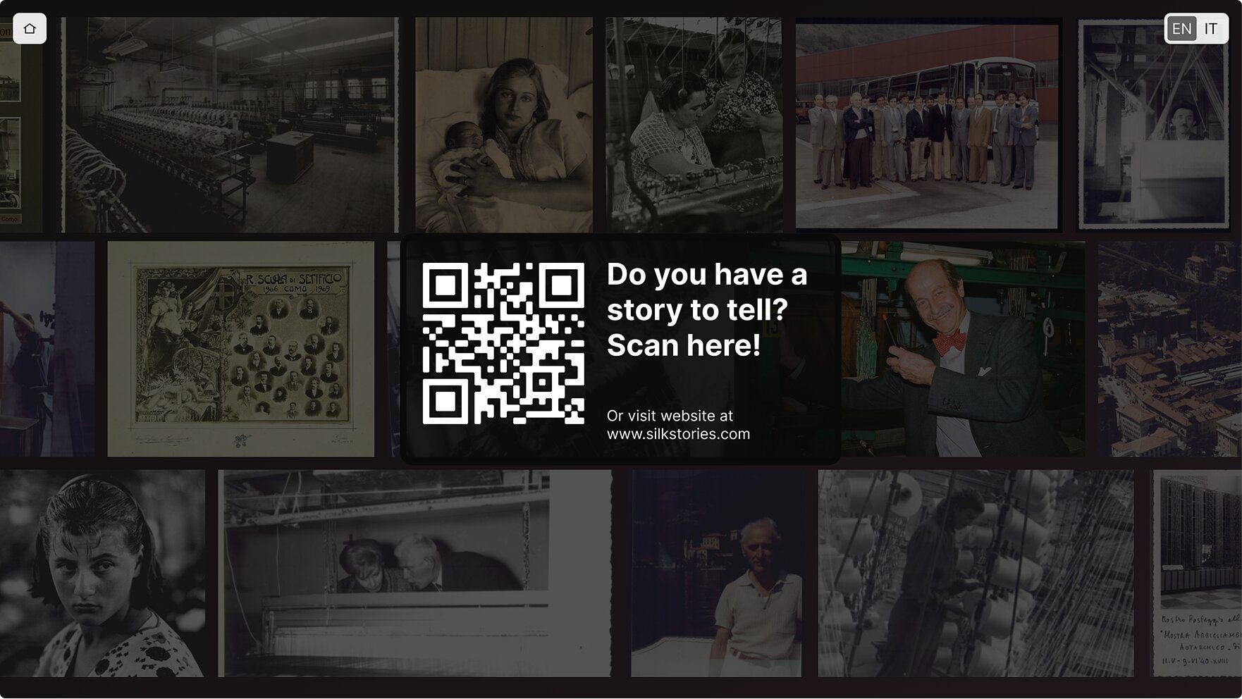 Contribution screen with a QR code for uploading stories, shown on the multitouch table