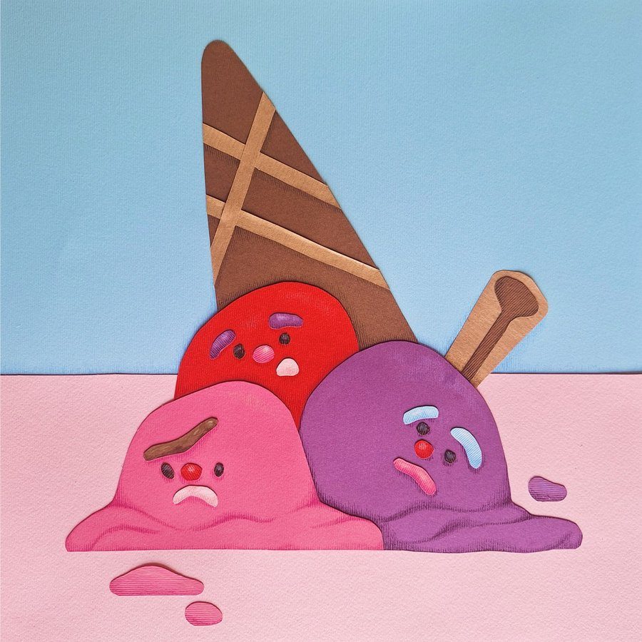 Final papercut collage of a melting ice cream cone with unhappy faces
