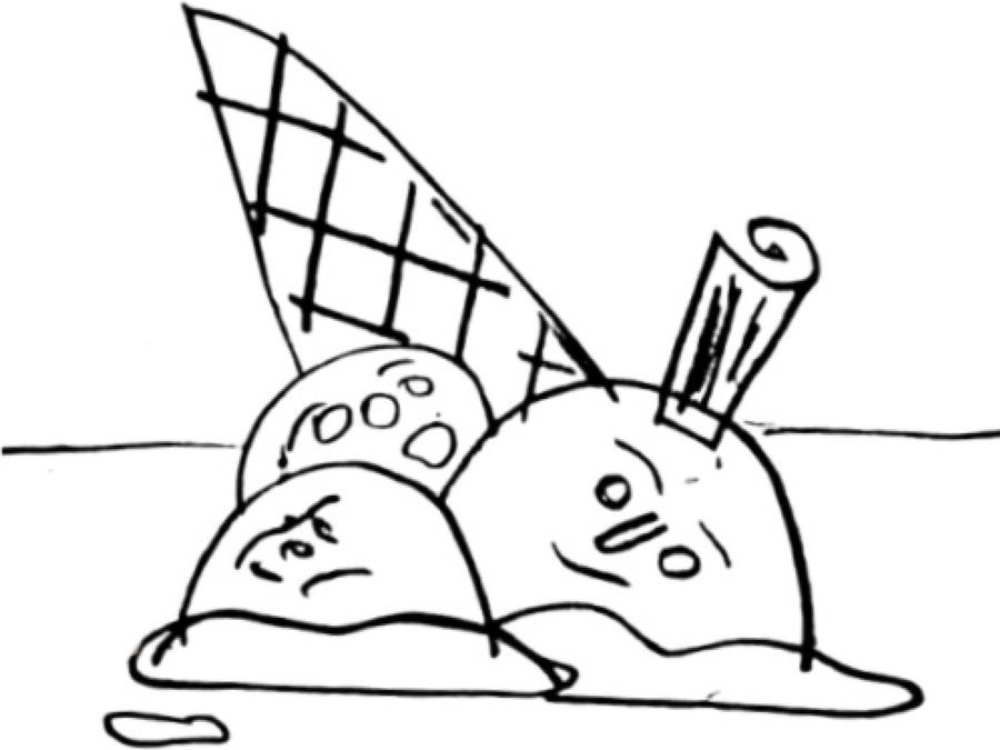 Initial line sketch of a melting ice cream cone with faces