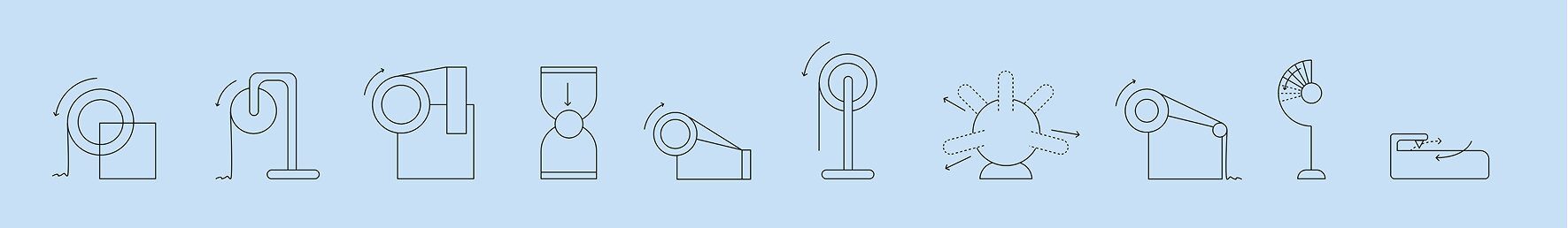 Line icons exploring different tabletop object forms, such as dispensers, hair dryers, fans, and irons