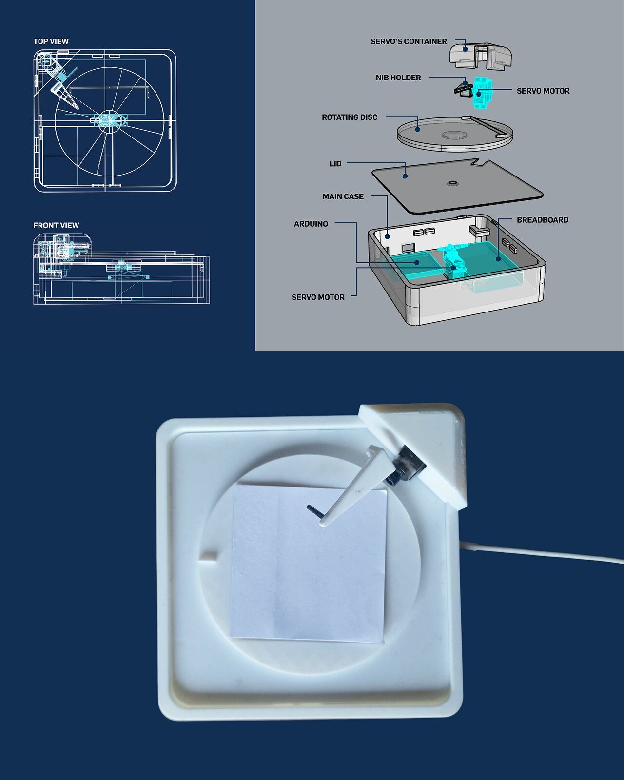 High fidelity prototype blueprints, exploded component diagram, and final 3D printed device