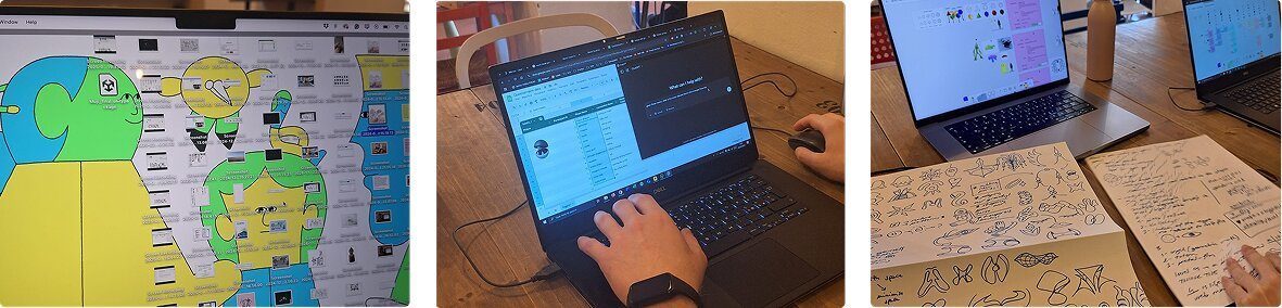 Shadowing research: affinity mapping board, AI chat tool usage, and analog sketchbooks alongside laptops