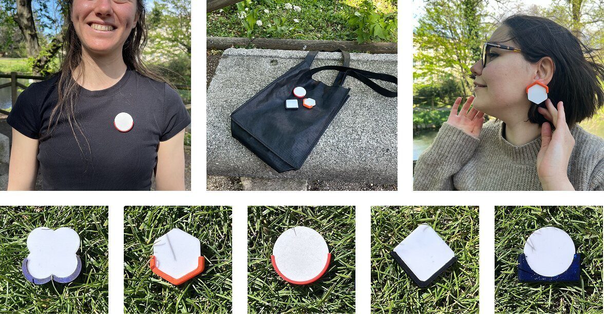 Final Tap & Know pin worn as a brooch, on a bag, and as an earring, alongside the finished prototypes