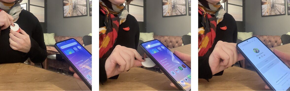 Demonstration of removing the pin's tap piece and tapping it to the back of a phone to share a link